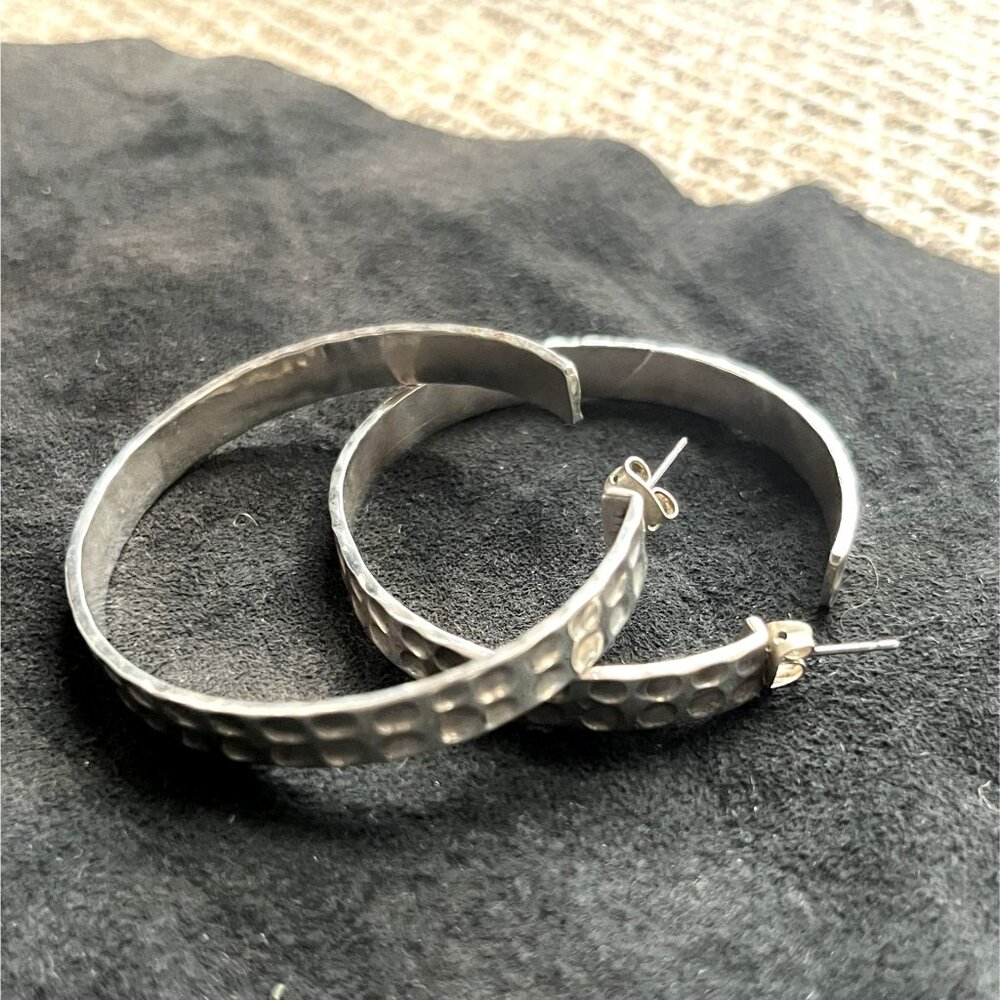 Genuine Silver Hoop Pierced Earrings 2 Inch Hammered Finish